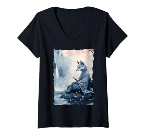 Damen Kitsune Samurai-Krieger Japan Mythos Fuchsgeist T-Shirt mit V-Ausschnitt Damen Kitsune Samurai-Krieger Japan Mythos Fuchsgeist T-Shirt mit V-Ausschnitt von Yokai Ästhetik Geschenk Ronin Katana Energie