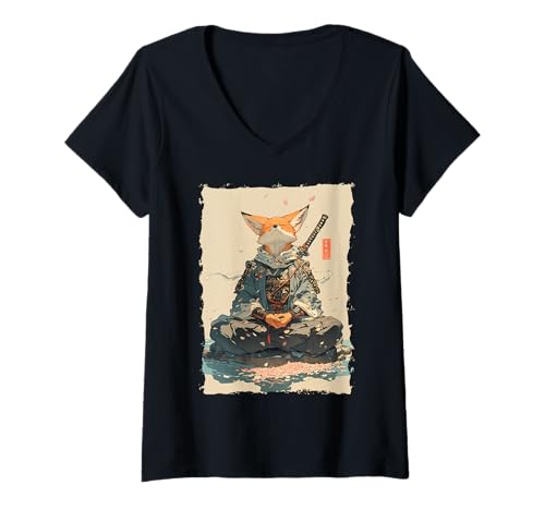 Damen Kitsune Samurai-Krieger Japan Mythos Fuchsgeist T-Shirt mit V-Ausschnitt Damen Kitsune Samurai-Krieger Japan Mythos Fuchsgeist T-Shirt mit V-Ausschnitt von Yokai Ästhetik Geschenk Ronin Katana Energie
