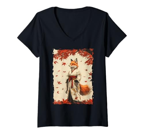 Damen Kitsune Samurai-Krieger Japan Mythos Fuchsgeist T-Shirt mit V-Ausschnitt Damen Kitsune Samurai-Krieger Japan Mythos Fuchsgeist T-Shirt mit V-Ausschnitt von Yokai Ästhetik Geschenk Ronin Katana Energie