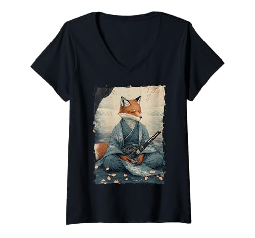 Damen Kitsune Samurai-Krieger Japan Mythos Fuchsgeist T-Shirt mit V-Ausschnitt Damen Kitsune Samurai-Krieger Japan Mythos Fuchsgeist T-Shirt mit V-Ausschnitt von Yokai Ästhetik Geschenk Ronin Katana Energie