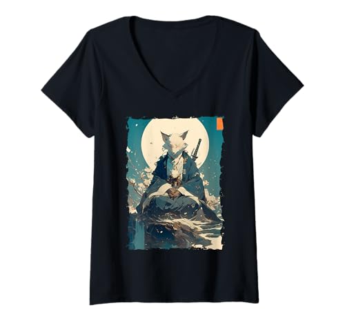 Damen Kitsune Samurai-Krieger Japan Mythos Fuchsgeist T-Shirt mit V-Ausschnitt Damen Kitsune Samurai-Krieger Japan Mythos Fuchsgeist T-Shirt mit V-Ausschnitt von Yokai Ästhetik Geschenk Ronin Katana Energie