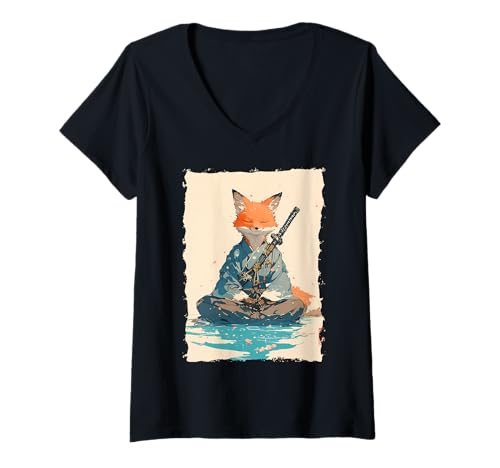 Damen Kitsune Samurai-Krieger Japan Mythos Fuchsgeist T-Shirt mit V-Ausschnitt Damen Kitsune Samurai-Krieger Japan Mythos Fuchsgeist T-Shirt mit V-Ausschnitt von Yokai Ästhetik Geschenk Ronin Katana Energie