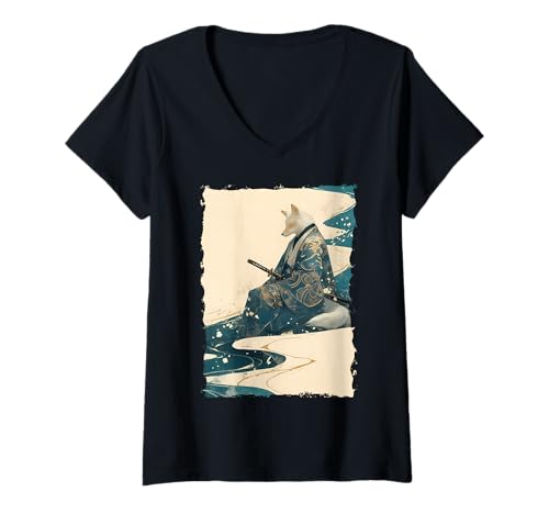 Damen Kitsune Samurai-Krieger Japan Mythos Fuchsgeist T-Shirt mit V-Ausschnitt Damen Kitsune Samurai-Krieger Japan Mythos Fuchsgeist T-Shirt mit V-Ausschnitt von Yokai Ästhetik Geschenk Ronin Katana Energie