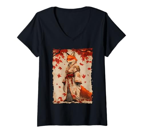 Damen Kitsune Samurai-Krieger Japan Mythos Fuchsgeist T-Shirt mit V-Ausschnitt Damen Kitsune Samurai-Krieger Japan Mythos Fuchsgeist T-Shirt mit V-Ausschnitt von Yokai Ästhetik Geschenk Ronin Katana Energie