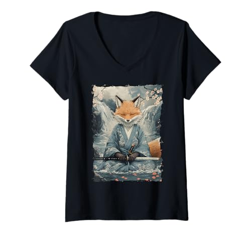 Damen Kitsune Samurai-Krieger Japan Mythos Fuchsgeist T-Shirt mit V-Ausschnitt Damen Kitsune Samurai-Krieger Japan Mythos Fuchsgeist T-Shirt mit V-Ausschnitt von Yokai Ästhetik Geschenk Ronin Katana Energie