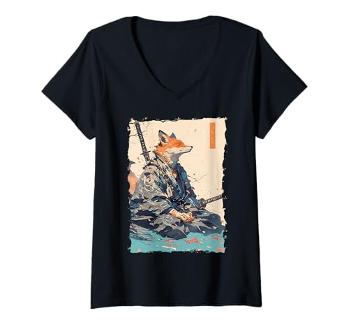 Damen Kitsune Samurai-Krieger Japan Mythos Fuchsgeist T-Shirt mit V-Ausschnitt Damen Kitsune Samurai-Krieger Japan Mythos Fuchsgeist T-Shirt mit V-Ausschnitt von Yokai Ästhetik Geschenk Ronin Katana Energie