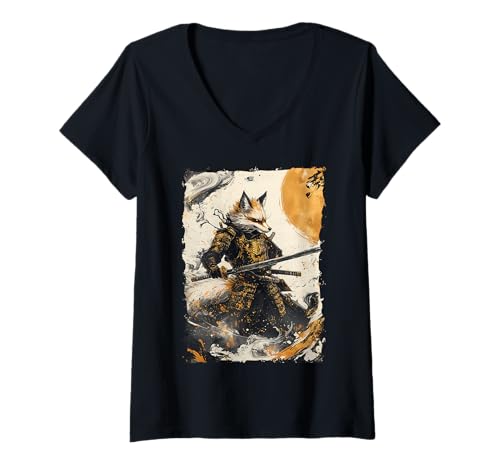 Damen Kitsune Zen Samurai-Krieger Japan Mythos Fuchsgeist T-Shirt mit V-Ausschnitt Damen Kitsune Zen Samurai-Krieger Japan Mythos Fuchsgeist T-Shirt mit V-Ausschnitt von Yokai Legenden Geschenk Ronin Katana Energie