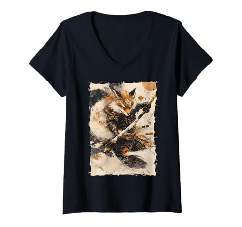 Damen Kitsune Zen Samurai-Krieger Japan Mythos Fuchsgeist T-Shirt mit V-Ausschnitt Damen Kitsune Zen Samurai-Krieger Japan Mythos Fuchsgeist T-Shirt mit V-Ausschnitt von Yokai Legenden Geschenk Ronin Katana Energie