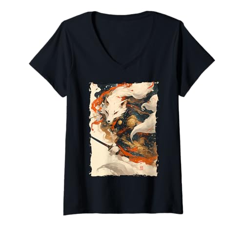 Damen Kitsune Zen Samurai-Krieger Japan Mythos Fuchsgeist T-Shirt mit V-Ausschnitt Damen Kitsune Zen Samurai-Krieger Japan Mythos Fuchsgeist T-Shirt mit V-Ausschnitt von Yokai Legenden Geschenk Ronin Katana Energie