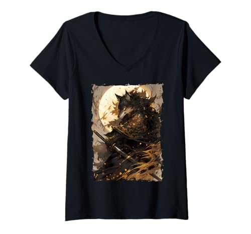 Damen Kitsune Zen Samurai-Krieger Japan Mythos Fuchsgeist T-Shirt mit V-Ausschnitt Damen Kitsune Zen Samurai-Krieger Japan Mythos Fuchsgeist T-Shirt mit V-Ausschnitt von Yokai Legenden Geschenk Ronin Katana Energie