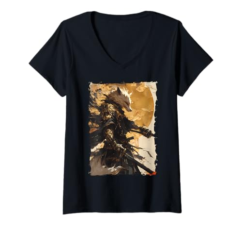 Damen Kitsune Zen Samurai-Krieger Japan Mythos Fuchsgeist T-Shirt mit V-Ausschnitt Damen Kitsune Zen Samurai-Krieger Japan Mythos Fuchsgeist T-Shirt mit V-Ausschnitt von Yokai Legenden Geschenk Ronin Katana Energie