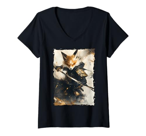 Damen Kitsune Zen Samurai-Krieger Japan Mythos Fuchsgeist T-Shirt mit V-Ausschnitt Damen Kitsune Zen Samurai-Krieger Japan Mythos Fuchsgeist T-Shirt mit V-Ausschnitt von Yokai Legenden Geschenk Ronin Katana Energie