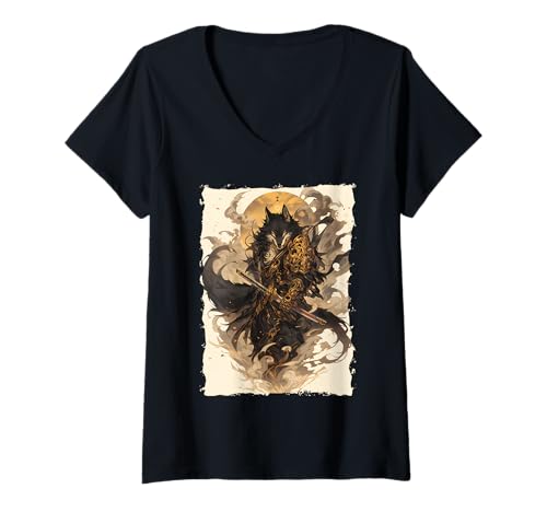 Damen Kitsune Zen Samurai-Krieger Japan Mythos Fuchsgeist T-Shirt mit V-Ausschnitt Damen Kitsune Zen Samurai-Krieger Japan Mythos Fuchsgeist T-Shirt mit V-Ausschnitt von Yokai Legenden Geschenk Ronin Katana Energie