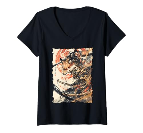 Damen Kitsune Zen Samurai-Krieger Japan Mythos Fuchsgeist T-Shirt mit V-Ausschnitt Damen Kitsune Zen Samurai-Krieger Japan Mythos Fuchsgeist T-Shirt mit V-Ausschnitt von Yokai Legenden Geschenk Ronin Katana Energie