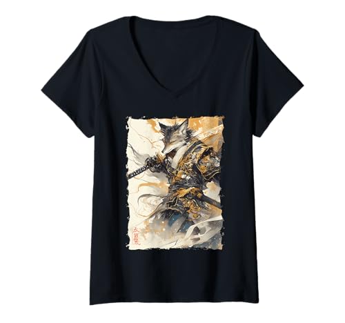 Damen Kitsune Zen Samurai-Krieger Japan Mythos Fuchsgeist T-Shirt mit V-Ausschnitt Damen Kitsune Zen Samurai-Krieger Japan Mythos Fuchsgeist T-Shirt mit V-Ausschnitt von Yokai Legenden Geschenk Ronin Katana Energie