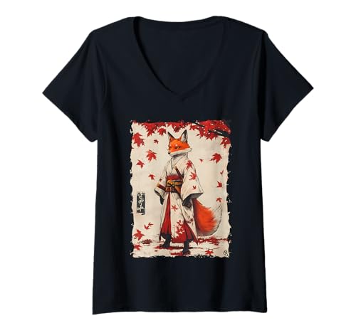Damen Kitsune Zen Samurai-Krieger Japan Mythos Fuchsgeist T-Shirt mit V-Ausschnitt Damen Kitsune Zen Samurai-Krieger Japan Mythos Fuchsgeist T-Shirt mit V-Ausschnitt von Yokai Legenden Geschenk Ronin Katana Energie