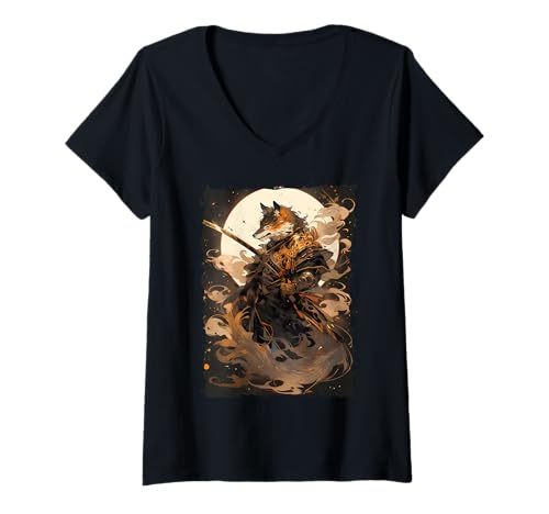 Damen Kitsune Zen Samurai-Krieger Japan Mythos Fuchsgeist T-Shirt mit V-Ausschnitt Damen Kitsune Zen Samurai-Krieger Japan Mythos Fuchsgeist T-Shirt mit V-Ausschnitt von Yokai Legenden Geschenk Ronin Katana Energie