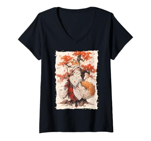 Damen Kitsune Zen Samurai-Krieger Japan Mythos Fuchsgeist T-Shirt mit V-Ausschnitt Damen Kitsune Zen Samurai-Krieger Japan Mythos Fuchsgeist T-Shirt mit V-Ausschnitt von Yokai Legenden Geschenk Ronin Katana Energie
