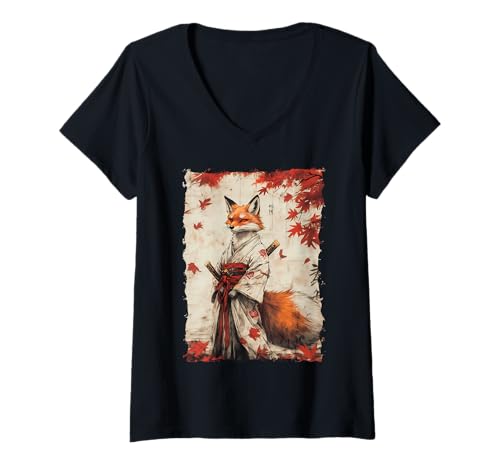 Damen Kitsune Zen Samurai-Krieger Japan Mythos Fuchsgeist T-Shirt mit V-Ausschnitt Damen Kitsune Zen Samurai-Krieger Japan Mythos Fuchsgeist T-Shirt mit V-Ausschnitt von Yokai Legenden Geschenk Ronin Katana Energie
