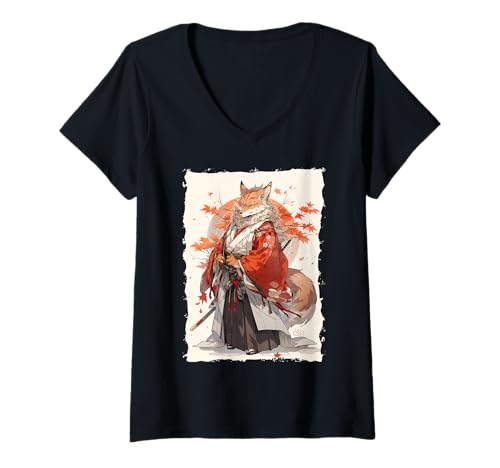 Damen Kitsune Zen Samurai-Krieger Japan Mythos Fuchsgeist T-Shirt mit V-Ausschnitt Damen Kitsune Zen Samurai-Krieger Japan Mythos Fuchsgeist T-Shirt mit V-Ausschnitt von Yokai Legenden Geschenk Ronin Katana Energie