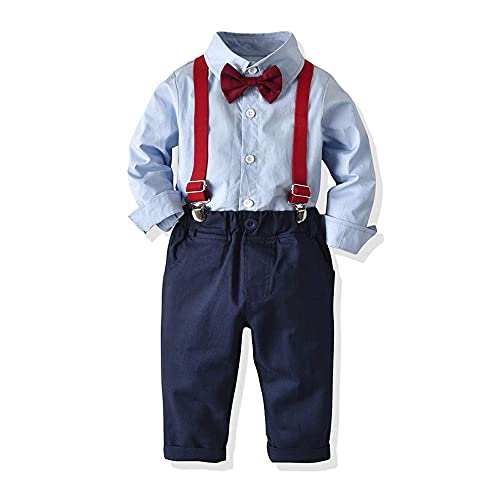 Baby Jungen Anzug Bekleidungssets Kleid Strampler hosenträger Fliege Krawatte 4tlg Anzug Gentleman Festliche Taufe Hochzeit Langarm Baby Kleikind 6 Monate 6 Jahre (Blue003, 6-12 Monate) von Yokald