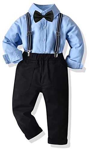 Baby Jungen Anzug Bekleidungssets Kleid Strampler hosenträger Fliege Krawatte 4tlg Anzug Gentleman Festliche Taufe Hochzeit Langarm Baby Kleikind 6 Monate 6 Jahre (Blau007, 18-24 Monate) von Yokald