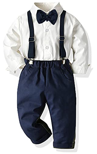 Baby Jungen Anzug Bekleidungssets Kleid Strampler hosenträger Fliege Krawatte 4tlg Anzug Gentleman Festliche Taufe Hochzeit Langarm Baby Kleikind 6 Monate 6 Jahre (White001, 12-18 Monate) von Yokald