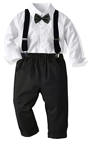 Baby Jungen Anzug Bekleidungssets Kleid Strampler hosenträger Fliege Krawatte 4tlg Anzug Gentleman Festliche Taufe Hochzeit Langarm Baby Kleikind 6 Monate 6 Jahre (Weiß002, 3T) von Yokald