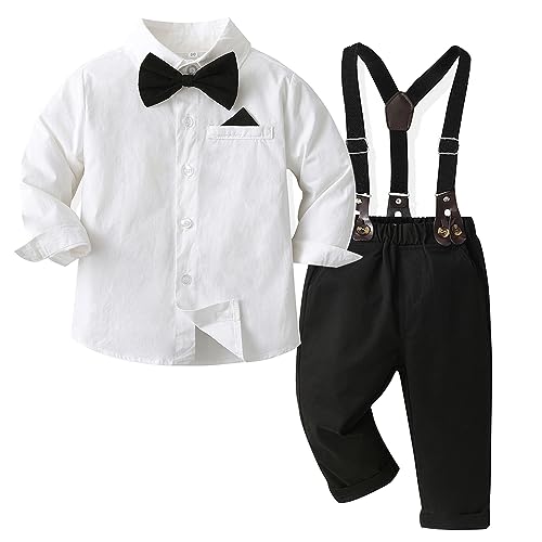 Baby Jungen Anzug Bekleidungssets Kleid Strampler hosenträger Fliege Krawatte 4tlg Anzug Gentleman Festliche Taufe Hochzeit Langarm Baby Kleikind 6 Monate 6 Jahre (BB-Black,12-18 Monate) von Yokald