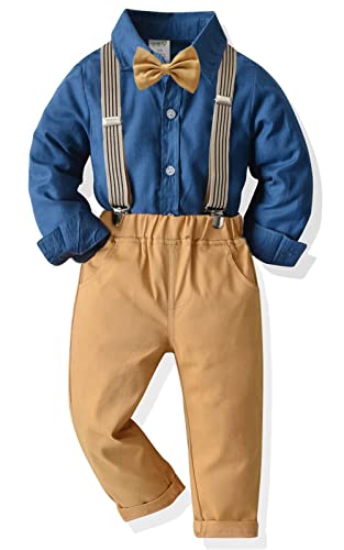 Baby Jungen Anzug Bekleidungssets Kleid Strampler hosenträger Fliege Krawatte 4tlg Anzug Gentleman Festliche Taufe Hochzeit Langarm Baby Kleikind 6 Monate 6 Jahre (Blau_khaki, 18-24 Monate) von Yokald