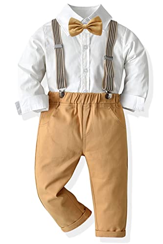 Baby Jungen Anzug Bekleidungssets Kleid Strampler hosenträger Fliege Krawatte 4tlg Anzug Gentleman Festliche Taufe Hochzeit Langarm Baby Kleikind 6 Monate 6 Jahre (Weiß_Khaki, 5 Jahre) von Yokald