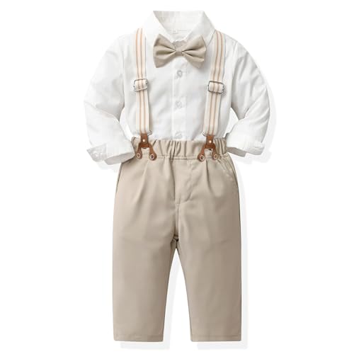 Baby Jungen Anzug Bekleidungssets Kleid Strampler hosenträger Fliege Krawatte 4tlg Anzug Gentleman Festliche Taufe Hochzeit Langarm Baby Kleikind 6 Monate 6 Jahre (w-beige,4T) von Yokald
