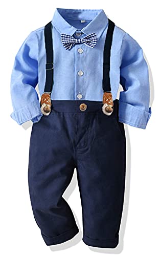 Baby Jungen Anzug Bekleidungssets Kleid Strampler hosenträger Fliege Krawatte 4tlg Anzug Gentleman Festliche Taufe Hochzeit Langarm Baby Kleikind 6 Monate 6 Jahre (Blue005, 18-24 Monate) von Yokald