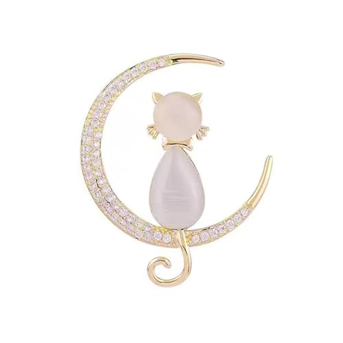 Vielseitige Schal-Brosche, elegantes Outfit-Accessoire für Damen, Katze, Mondform, Strasssteine, künstlicher Opal, Anstecknadel, Anstecknadel, Anstecknadel, Kragen, Schal, Metall, Sekundärer Stein von Yokawe