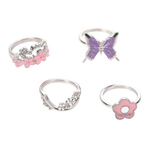 Yokawe Kupferschmuck, minimalistischer Ring, Edelstahllegierung, Damen-Set, Schmetterlings-/Blumenform, hohl, poliert, glatt, 4 Stück/Set, Geburtstagsgeschenk, Metall, Sekundärer Stein von Yokawe