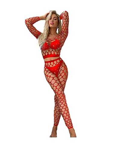 Yokawe Strass Mesh Dessous Set Glitzer Kristall Fischnetz Strumpf Langarm Übergröße Bodysuit Zweiteilige Bodystockings, Rot/Ausflug, einfarbig (Getaway Solids), Einheitsgröße von Yokawe