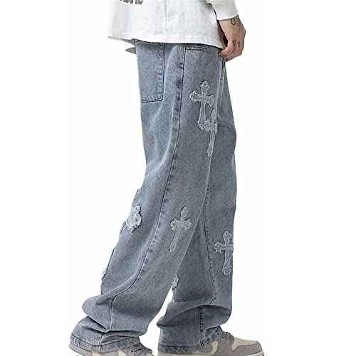 Baggy Jeans Herren Retro Hip Hop Jeans Y2K Gerades Bein Jeans Hose Vintage Kruzifix Bedruckte Teenager Lässige Hohe Taille Wide Leg Skateboard Hose Streetwear (Color : A- Blue, Size : L) von Yokbeer