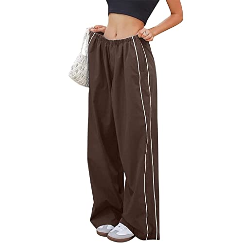 Damen Cargo Hose Baggy Cargohose Fallschirmhosen Y2K Track Pants Streetwear Elastische Taille Hose Weite Bein Freizeithose 90er E-Girl Aesthetic Parachute Pants mit Taschen (Color : A-Coffee, Size : von Yokbeer