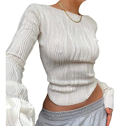 Damen Crop Top T-Shirt Strick Langarm Elegant Gerippte Y2K Oberteil Quadratischem Kragen Langarmshirt Cropped Tops Slim Sexy Bluse Enges Streetwear Mode Stretchy (Color : White, Size : M) von Yokbeer