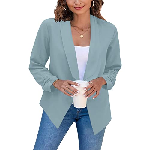 Damen Lässiger Lockerer 3/4 Ärmel Länge Cardigan Business Revers Kragen Jacke mit Knöpfen Vorne Offen mit Taschen Blazer (Color : Blue, Size : L) von Yokbeer