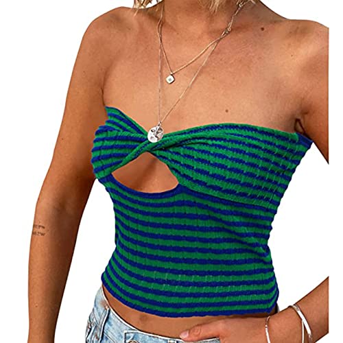 Frauen Y2K Striped Twist Front Strick Trägerloses Crop Top Aushöhlen Vorne Ärmelloses Rückenfreies Schlauchtop (Color : A, Size : M) von Yokbeer