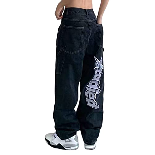 Herren Hip Hop Jeans Y2K Straight Jeans Letter Bedruckte Hoher Taille Wide Leg Teenager Skateboardhosen Retro Damen Jogginghose Loose Fit Frühling Cargohosen (Color : Schwarz, Size : M) von Yokbeer