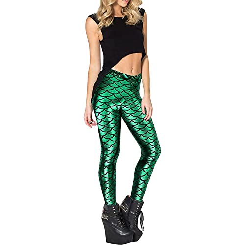 Leggins Meerjungfrau Damen Schuppenmuster Leggings Mermaid Glitzer Leggings Fisch Schuppen Scale Glänzend Strumpfhose Hüfthose Hose Skinny Pants für Karneval Kostüm Leggins ( Color : Green , Size : XX von Yokbeer