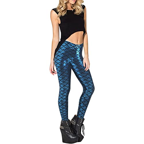 Leggins Meerjungfrau Damen Schuppenmuster Leggings Mermaid Glitzer Leggings Fisch Schuppen Scale Glänzend Strumpfhose Hüfthose Hose Skinny Pants für Karneval Kostüm Leggins ( Color : Light blue , Size von Yokbeer