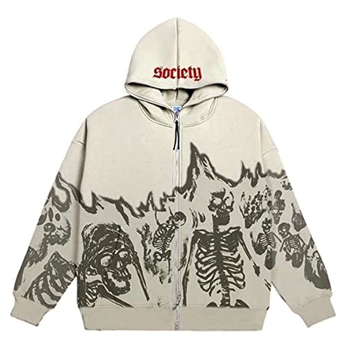 Unisex Totenkopf Graphics Zip Up Hoodie Y2K, Retro Punk Lose Langarm Kapuzenjacke Herbst Frühling Oversized Casual Streetwear mit Taschen 90er E-Girl Gothic Tops (Color : White, Size : L) von Yokbeer