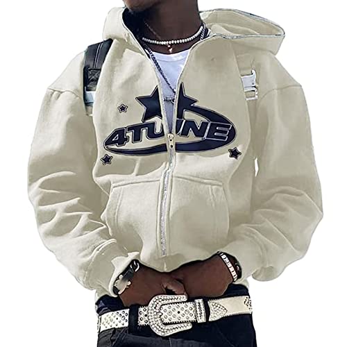 Y2K Full Zip Hoodie Streetwear, Jacke Herren Star Print Reißverschluss Langarm Streetwear Vintage Kapuzen Sweatshirt Hoodie Unisex paar Kapuzenjacke 90er Jahre Mädchen Top ( Color : White , Size : XXL von Yokbeer