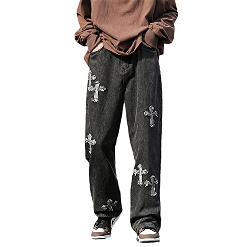 Y2K Herren Hip Hop Streetwear Washed Straight Leg Baggy Denim Baggy Jeans, Harajuku Fashion Skateboard Wide Leg Pants, Bedruckte Kreuze High Waist Cargo Pants (Color : A-Black, Size : XL) von Yokbeer