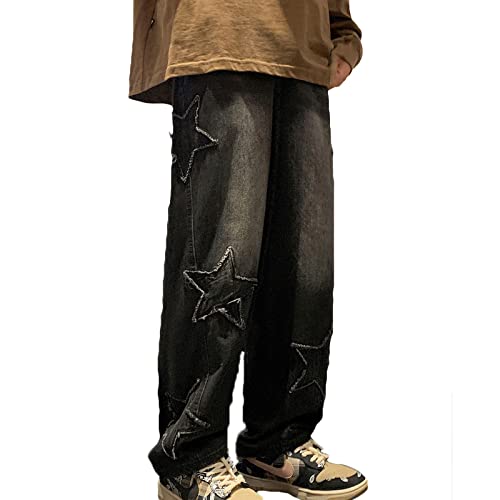 Y2K Herren Hip Hop Streetwear Washed Straight Leg Baggy Denim Baggy Jeans, Harajuku Fashion Skateboard Wide Leg Pants, Bedruckte Kreuze High Waist Cargo Pants (Color : B-Black, Size : L) von Yokbeer