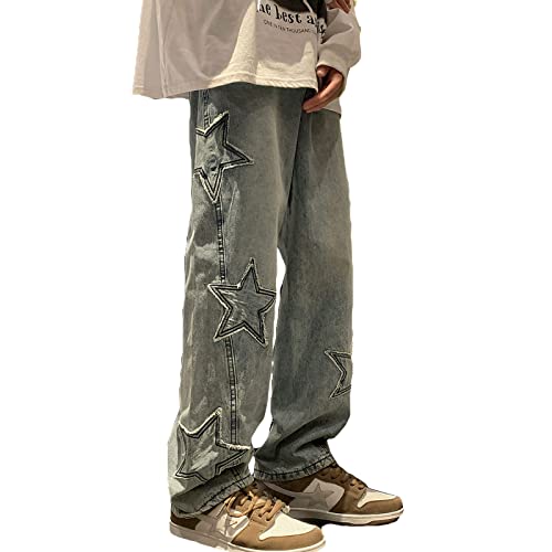 Y2K Herren Hip Hop Streetwear Washed Straight Leg Baggy Denim Baggy Jeans, Harajuku Fashion Skateboard Wide Leg Pants, Bedruckte Kreuze High Waist Cargo Pants (Color : B-Blue, Size : 3XL) von Yokbeer