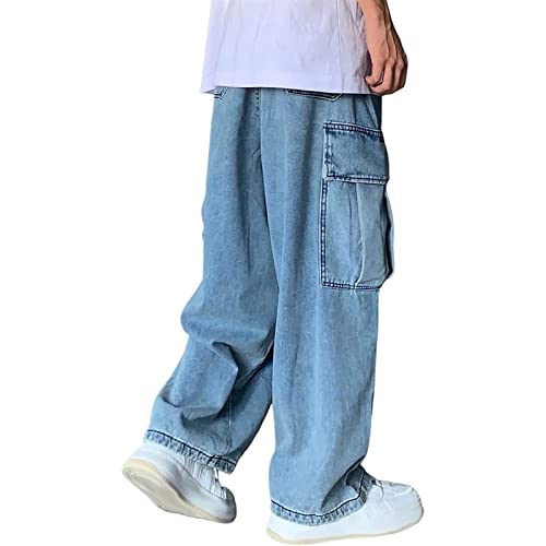 Yokbeer Baggy Jeans Herren Y2k Hip Hop Baggy Cargo Jeans Pants Breite Hose, Baggy Jeanshose Hosen Freizeithose für Jungs Männer mit Taschen (Color : Blue, Size : M) von Yokbeer